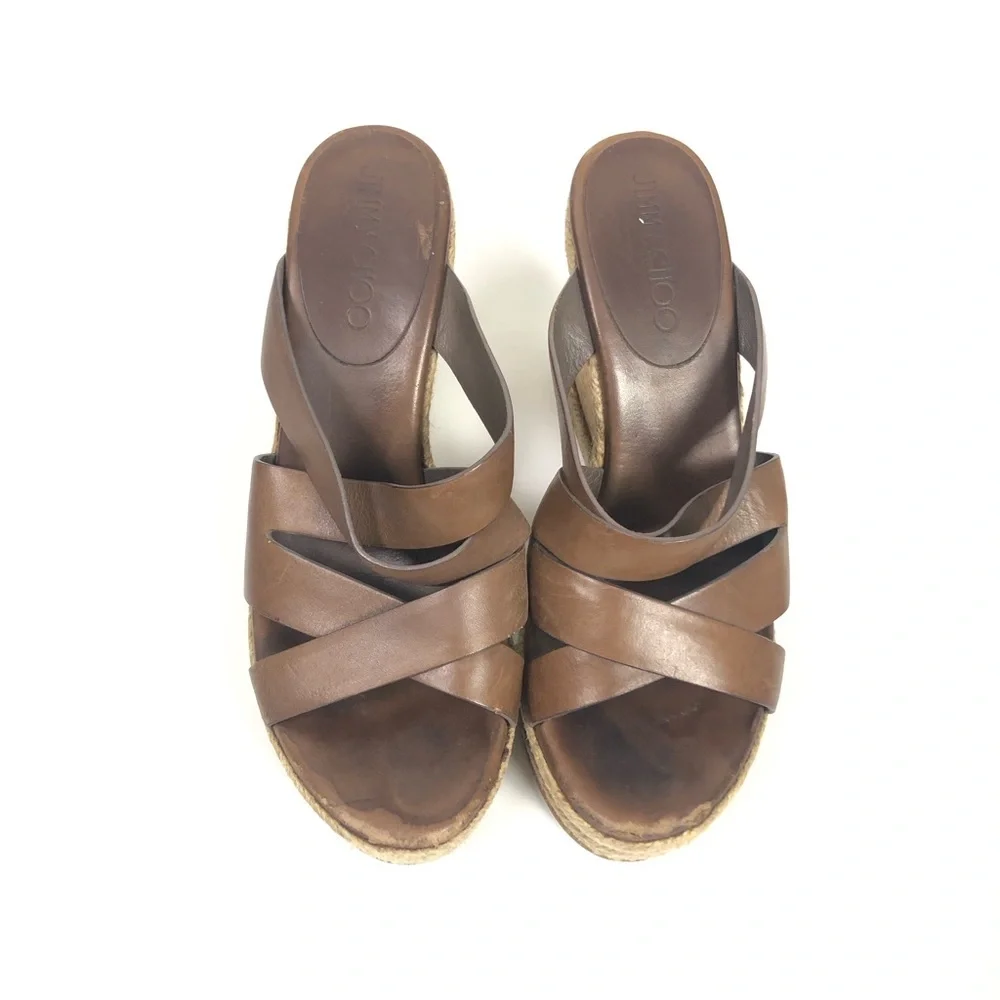 Jimmy Choo Cork Wedge 38 Heels Sandals Camel Brown Leather Strappy Shoes